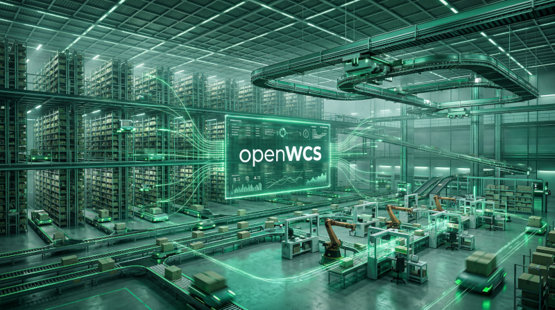 openWCS orchestrating an automated warehouse — conveyors, racking and robots